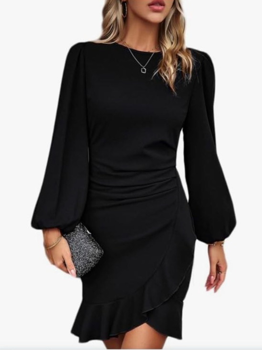 Black Long Puff Sleeve Bodycon Mini Dress - Picture 2 of 9
